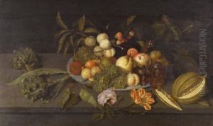 Still Life With Apples, Pears, Grapes, And Other Fruits In A Chinese Porcelain Bowl On A Ledge Alongside A Melon, Some Artichokes, And Some Flowers by Johannes Bosschaert