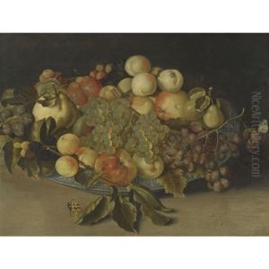 Sill Life With Blackberries, Apples, Peaches And Pears In A Chinese Blue And White Porcelain Bowl, Two Butterflies And A Fly by Johannes Bosschaert