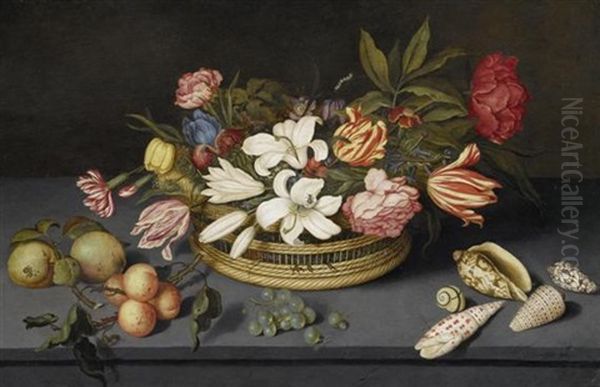 Stilleben Mit Lilien, Tulpen, Pfingstrosen Und Anderen Blumen In Einem Korb Auf Einer Platte Mit Fruchten, Muscheln Und Einer Fliege - view 1