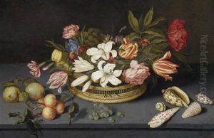 Stilleben Mit Lilien, Tulpen, Pfingstrosen Und Anderen Blumen In Einem Korb Auf Einer Platte Mit Fruchten, Muscheln Und Einer Fliege by Johannes Bosschaert