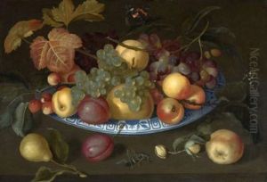 Nature Morte De Prunes, Pommes, Poires Et Cerises Dans Une Coupe De Delft Posee Sur Une Table Et Entouree D'insectes