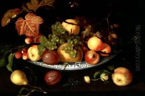 Nature Morte De Fruits Dans Un Bol De Porcelaine Pose Sur Un Entablement Avec Sauterelle, Papillons Et Insectes by Johannes Bosschaert