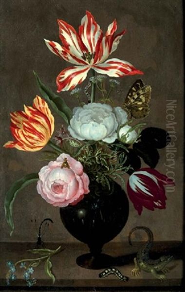 Roses, Tulips, Bellflower, Rosemary And Caraway In A Glass Vase, With A Sprig Of Forget-me-not, A Damselfly, A Caterpillar And A Lizard, On A Stone Ledge - view 1