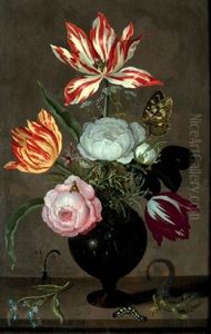 Roses, Tulips, Bellflower, Rosemary And Caraway In A Glass Vase, With A Sprig Of Forget-me-not, A Damselfly, A Caterpillar And A Lizard, On A Stone Ledge