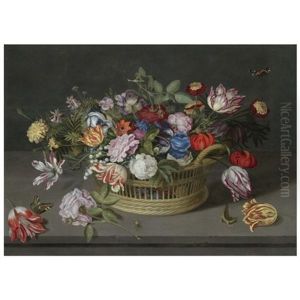 Still Life Of Flowers In A Basket On A Stone Ledge, Including Roses, Irises, Fritallary, Tulips, Lily Of The Valley, Columbine, French Marigold, Lily And Briar-rose... by Johannes Bosschaert