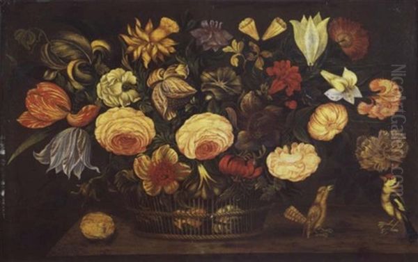 Corbeille De Fleurs Disposee Sur Un Entablement Pres D'oiseaux - view 1