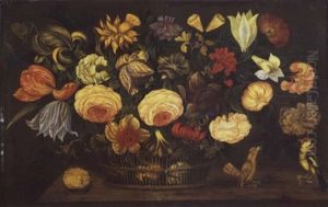 Corbeille De Fleurs Disposee Sur Un Entablement Pres D'oiseaux