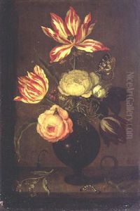 A Still Life Of Flowers In A Vase Resting On A Ledge With A Lizard And Insects