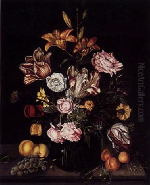 Flower Still Life With Tulip, Roses And Other Flowers In A Glass Vase With Peaches, Grapes And A Cricket, On A Wooden Table - view 1