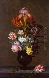 An Iris, Parrot Tulips, Roses And Other Flowers In A Glass Vase With A Parrot Tulip And A Lizard On A Stone Ledge by Johannes Bosschaert