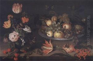 Still Life With Flowers In A Vase, A Branch Of Cherries, A Wan-li Dish Full Of Fruit, Red Currants, A Tulip, A Lizard And Various Insects On A Ledge by Johannes Bosschaert