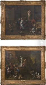 The Interior Of A Painter's Studio, With An Elegant Couple Viewing A Flower Piece; The Interior Of A Sculptor's Studio, With Students Drawing And A Sculptor Finishing A Statue Of Hercules by Balthasar Van Den Bossche