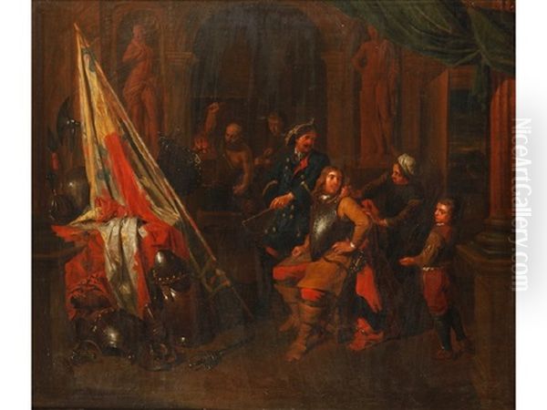 The Interior Of An Armory With A Soldier Being Fitted And Various Attendants - view 1