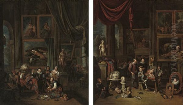 An Artist's Studio (+ A Nobleman's Picture Gallery; Pair) by Balthasar Van Den Bossche