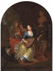 An Elegant Company Making Music On A Terrace by Balthasar Van Den Bossche