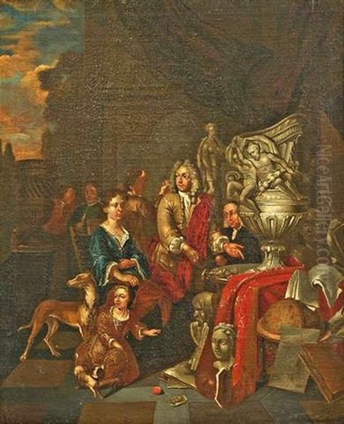 Vornehme Gesellschaft Beim Studium Antiker Skulpturen, Im Hintergrund Links Eine Parklandschaft - view 1