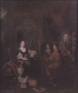 An Artist In His Studio With An Elegant Lady Sitting For Her Portrait by Balthasar Van Den Bossche
