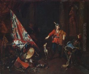 A Palatial Interior Scene With A Guardsman And A Turbaned Attendant, Pointing To A Pile Of Cavalry Paraphernalia