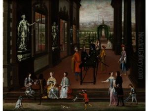 Hofische Gesellschaft Beim Billardspiel In Der Loggia Eines Barocken Schlosses