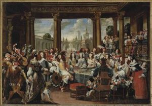 An Elegant Company At Table In A Loggia, With Commedia Dell'arte Zanies, Pickpockets And Musicians In A Mezzanine, An Italianate Palace Courtyard Beyond