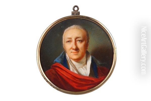Portrait Miniature Of A Gentleman, Wearing A Blue Coat, White Chemise And White Stock, A Red Cloak Worn Over His Shoulders - view 1