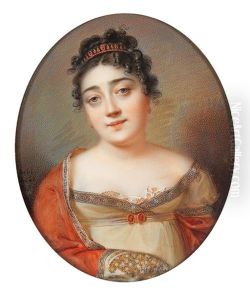 A Portrait Of A Young Lady With Black Curls And A Ribbon With Red Gems In Her Hair by Domenico Bossi