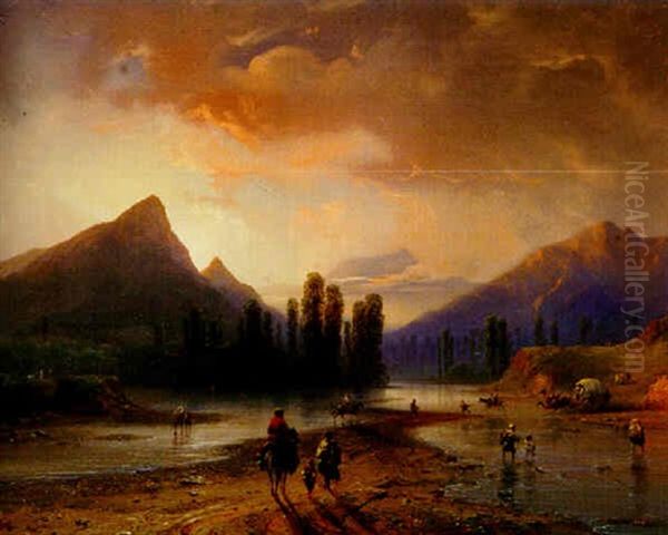 Fluslandschaft Mit Figurenstaffage Im Abendlicht - view 1