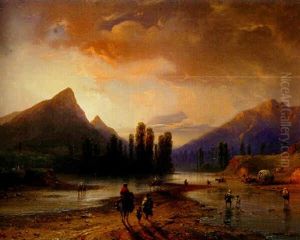 Fluslandschaft Mit Figurenstaffage Im Abendlicht by Carlo Bossoli