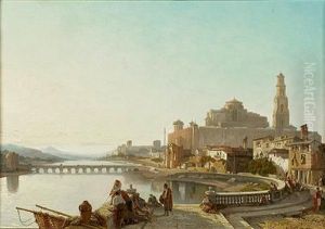 A View Of The Guadalquivir River, Cordoba, With The Roman Bridge And The Great Mosque In The Distance
