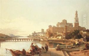Fisherman And Other Figures On The Banks Of The Guadalquivir River With A View Of The Roman Bridge And The Great Mosque, Cordoba