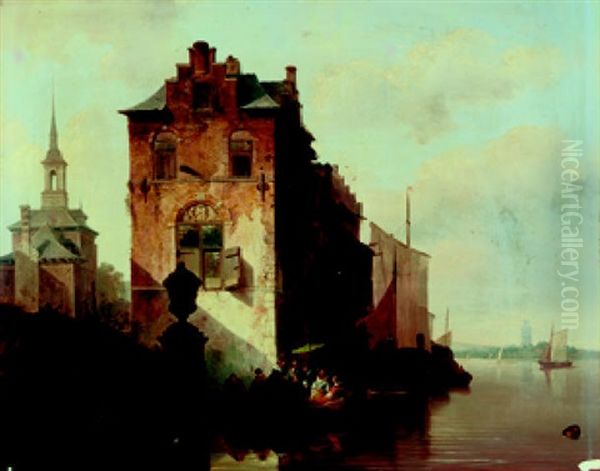 Brussel Belgische Hafenstadt Mit Hohem Zoll- Und Lagergebaude, Einer Kirche Und Personen, Die In Ein Fahrboot Steigen - view 1
