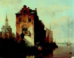 Brussel Belgische Hafenstadt Mit Hohem Zoll- Und Lagergebaude, Einer Kirche Und Personen, Die In Ein Fahrboot Steigen