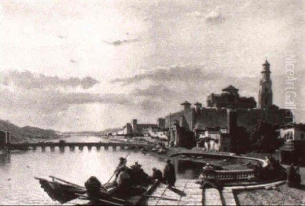 Fishing Boat Tied At Dock With Spanish City In Background - view 1