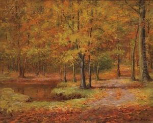 Woods And Pond In Autumn by Frederick James Boston