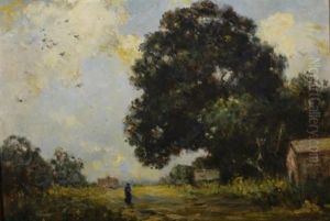 Landscape With Large Tree, Barns And Figure by Joseph Henry Boston