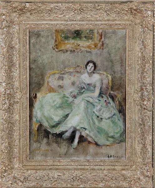 Woman In Green Dress On French Settee - view 1
