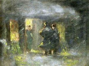 Nocturnal Genre Scene Depicting Travelers At A Cottage Door by Joseph Henry Boston