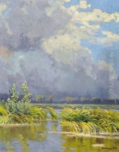 Wind-blown Cane-brake, On The Reverse: Radvanyi Lake by Istvan Bosznay