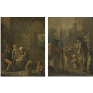 A Barn Interior With A Peasant Family: The Sense Of Smell (+ An Outdoor Scene With A Figure Canvassing To A Crowd: The Sense Of Hearing; Pair) by Andries Dirsksz Both