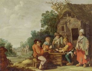 Peasants Eating And Drinking In Front Of An Inn, With A Maid Serving, A Village Beyond