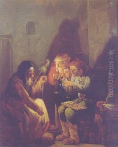 A Vanitas: An Old Man Seated On A Barrel Weighing Gold, An Old Peasant And A Fortune-teller Holding A Candle, In A Barn by Andries Dirsksz Both