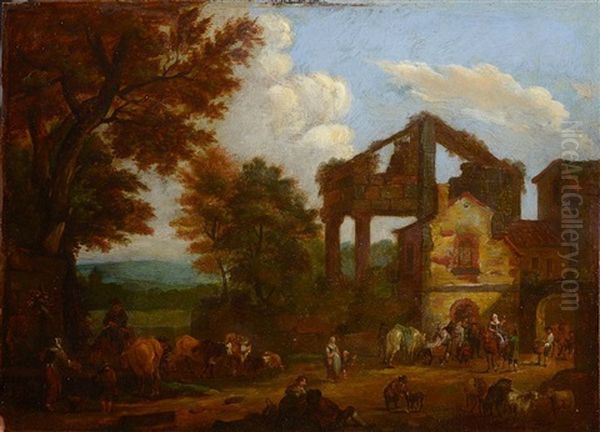 La Halte Des Paysans Et De Leurs Troupeaux Dans Des Ruines - view 1