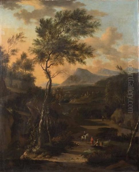 Paysage Au Grand Arbre Avec Des Voyageurs - view 1