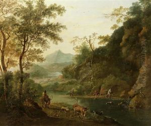 A Wooded Landscape With Travellers On A Country Path; And A Wooded River Landscape With Fisherman And Their Nets On The Bank (2 Works) by Jan Both
