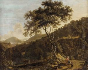 Bergige Landschaft Mit Kleineren Stadten Und Burg Sowie Eselreiterin Mit Begleiter