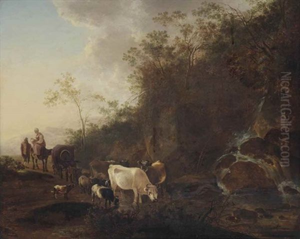 An Italianate Landscape With Herdsmen Watering Cattle At A Waterfall - view 1