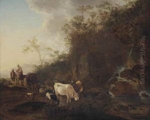 An Italianate Landscape With Herdsmen Watering Cattle At A Waterfall by Jan Both