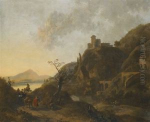 Italianate Rocky Landscape By The Sea With A Fortification, A Stone Bridge And A Ruined Wall, Figures Travelling On Donkeyback And On Foot In The Foreground