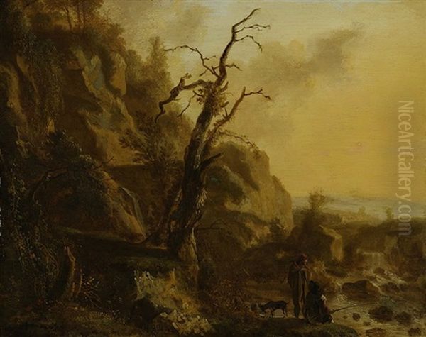 Felsige Landschaft Mit Fischer Und Wanderer An Fluss - view 1