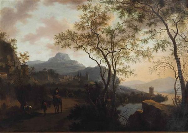River Landscape With Travelers On Path - view 1